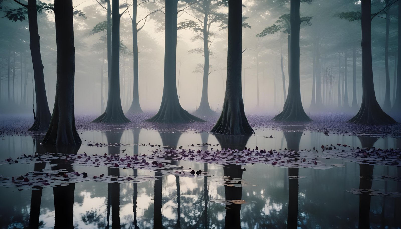 Mystical Lotus Flower on Serene Lake with Foggy Forest Landscape Background