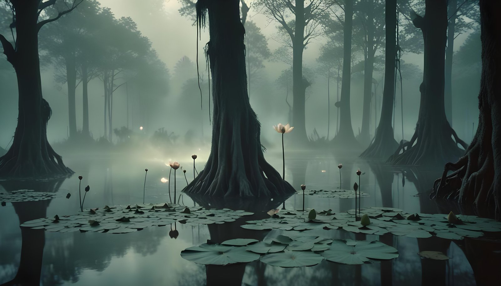 Mystical Lotus Flower on Serene Lake with Foggy Forest Landscape Background
