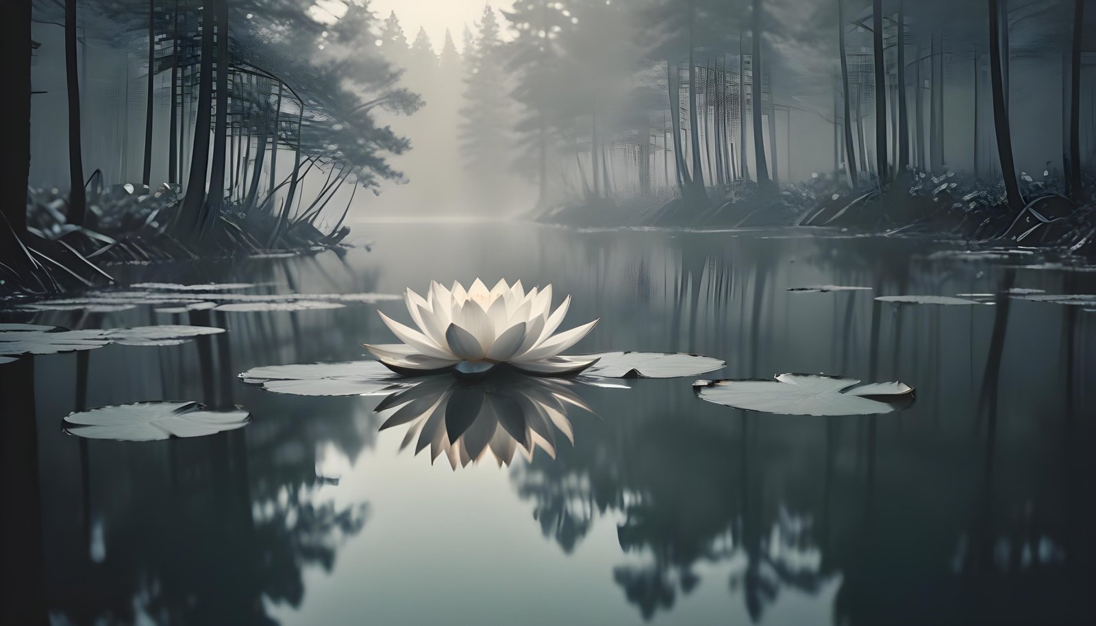 Mystical Lotus Flower on Serene Lake with Foggy Forest Landscape Background