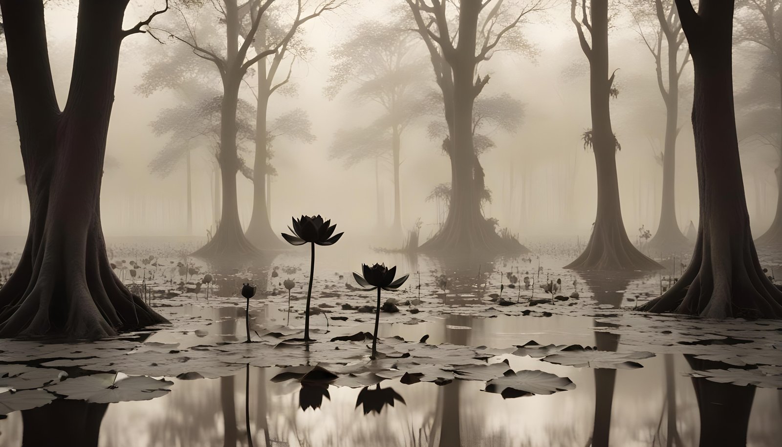 Mystical Lotus Flower on Serene Lake with Foggy Forest Landscape Background