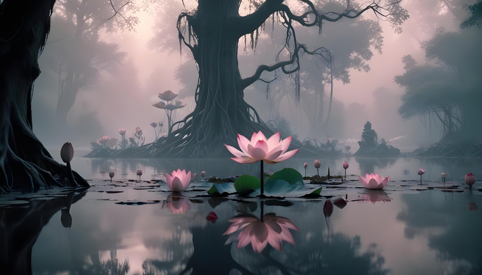 Mystical Lotus Flower on Serene Lake with Foggy Forest Landscape Background