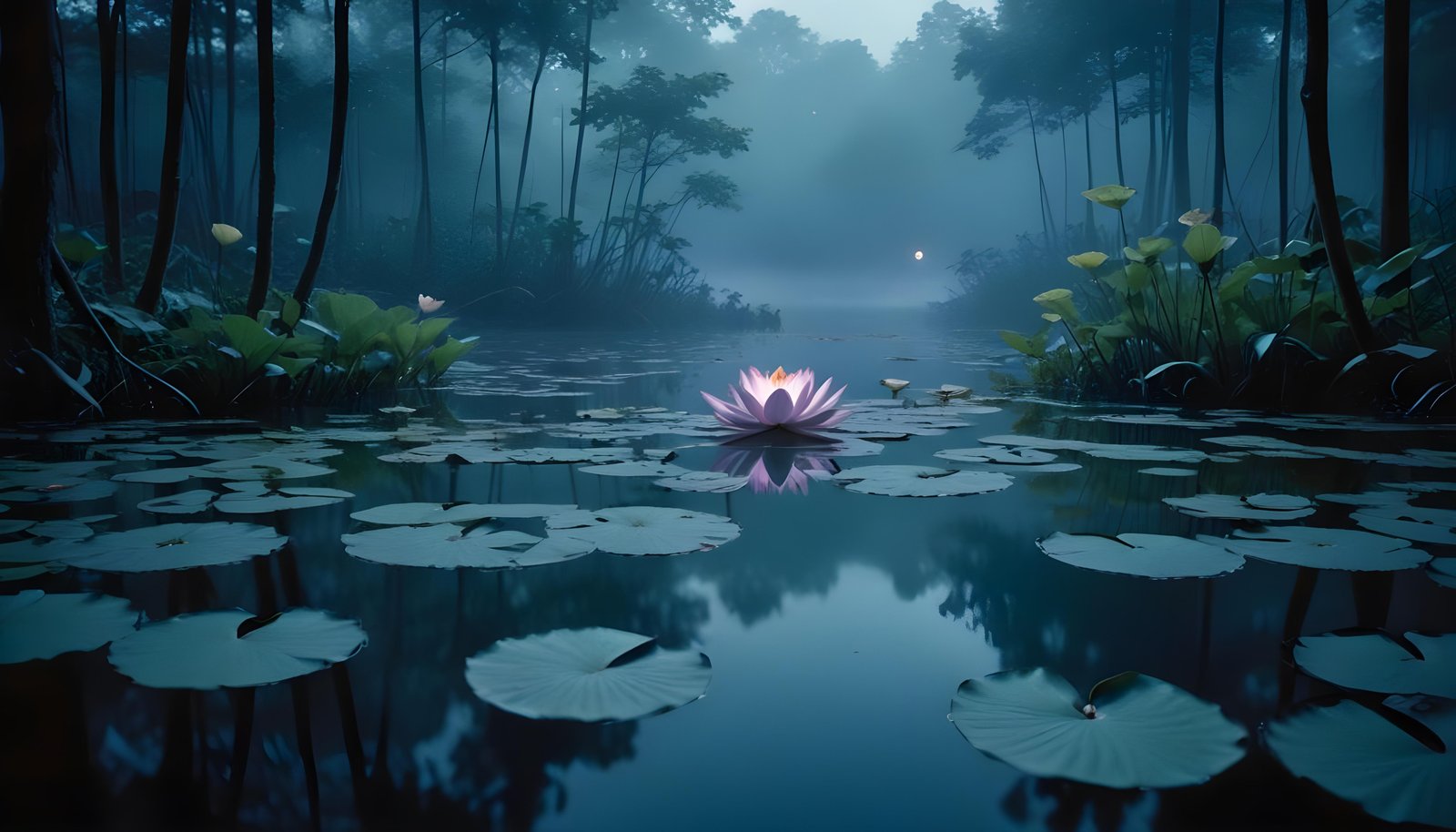 Mystical Lotus Flower on Serene Lake with Foggy Forest Landscape Background
