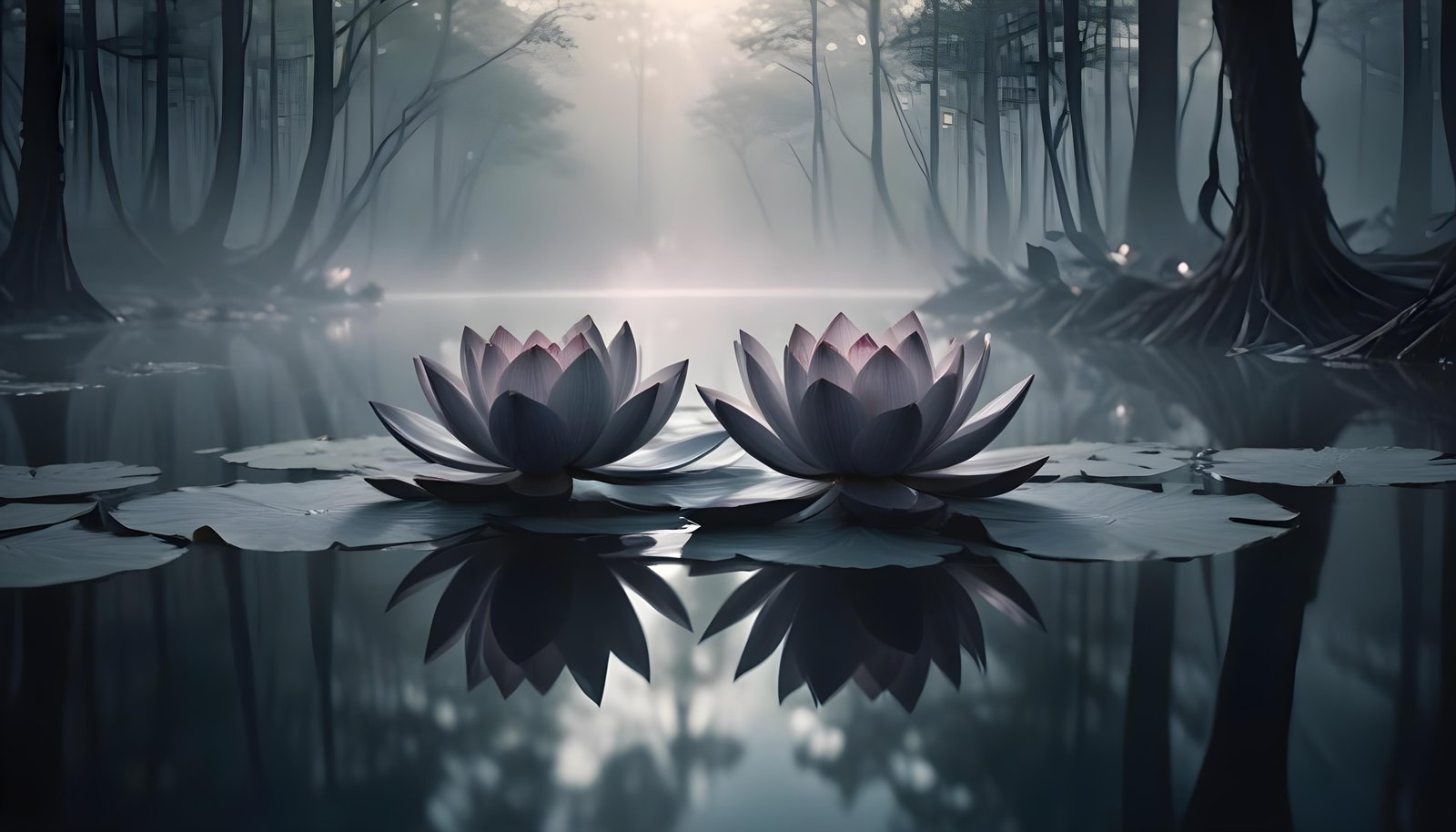 Mystical Lotus Flower on Serene Lake with Foggy Forest Landscape Background