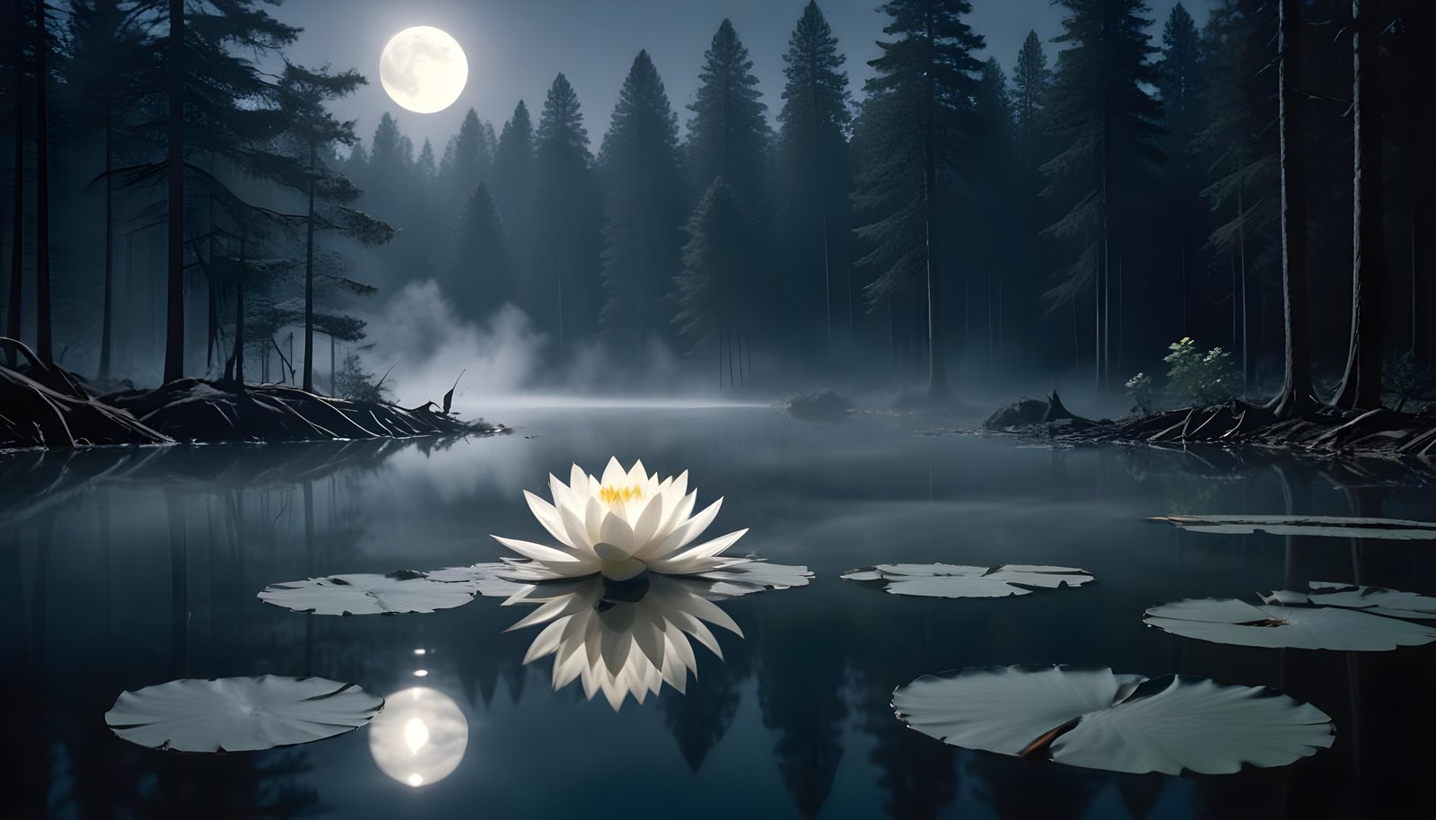 Mystical Lotus Flower on Serene Lake with Foggy Forest Landscape Background