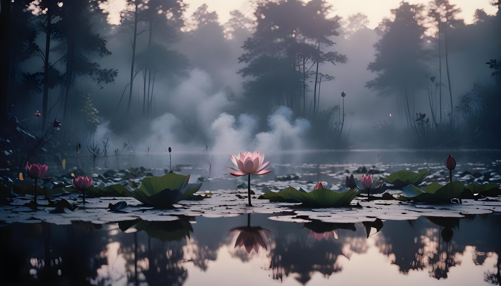 Mystical Lotus Flower on Serene Lake with Foggy Forest Landscape Background