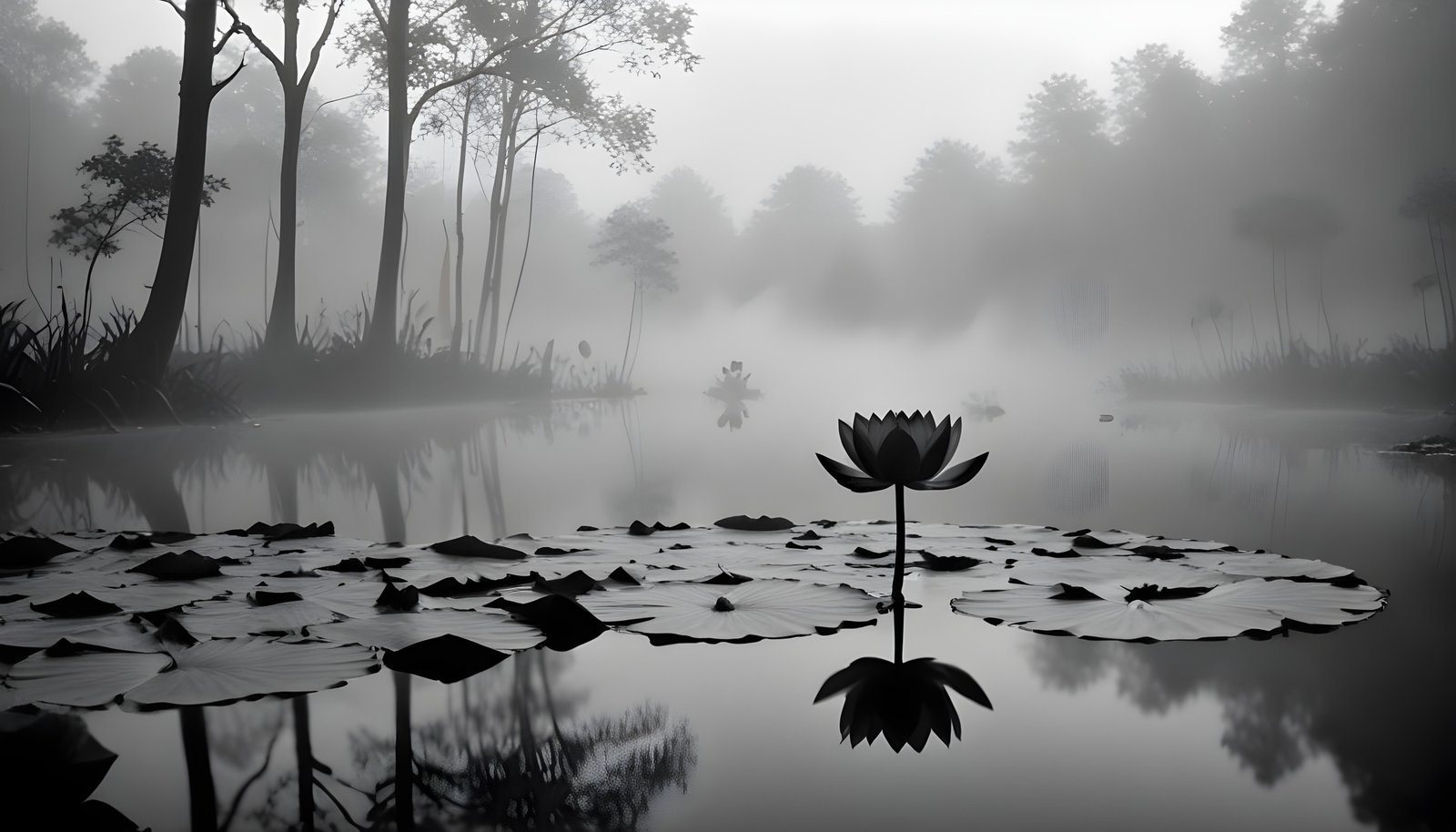 Mystical Lotus Flower on Serene Lake with Foggy Forest Landscape Background