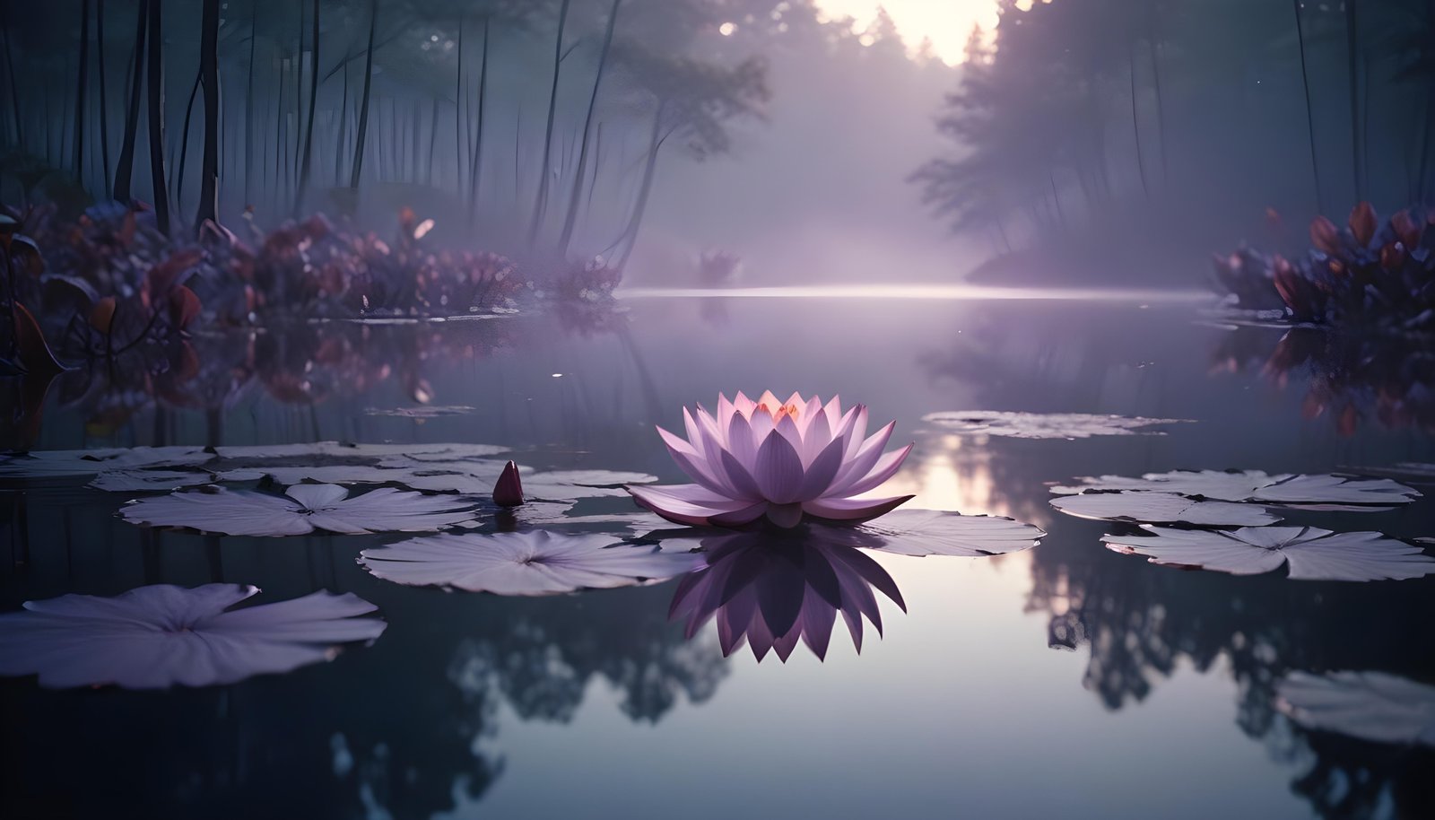 Mystical Lotus Flower on Serene Lake with Foggy Forest Landscape Background