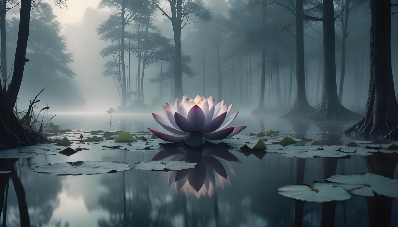 Mystical Lotus Flower on Serene Lake with Foggy Forest Landscape Background