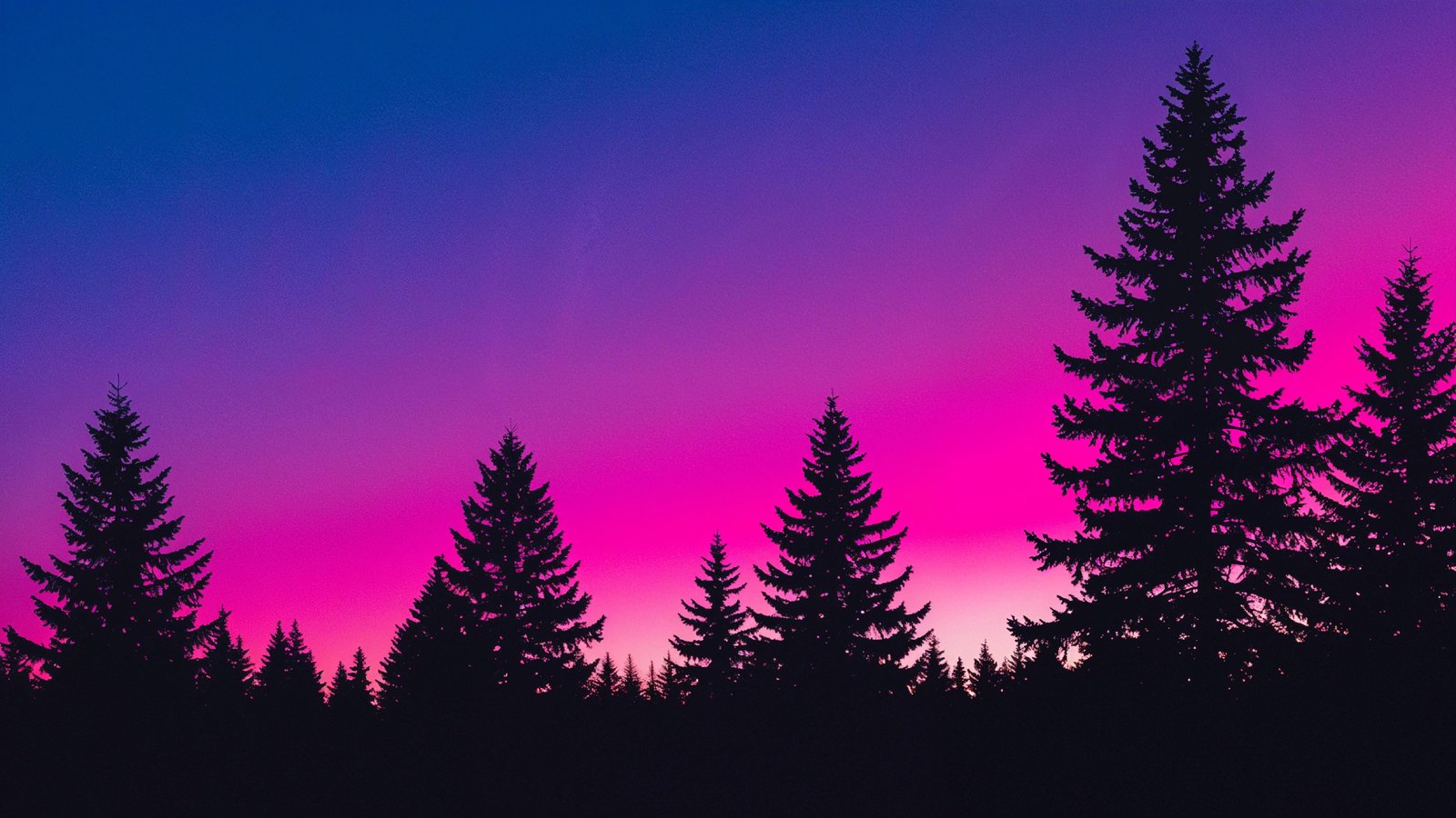 Neon Gradient Forest Silhouette Landscape with Retro Aesthetic Sunset Background