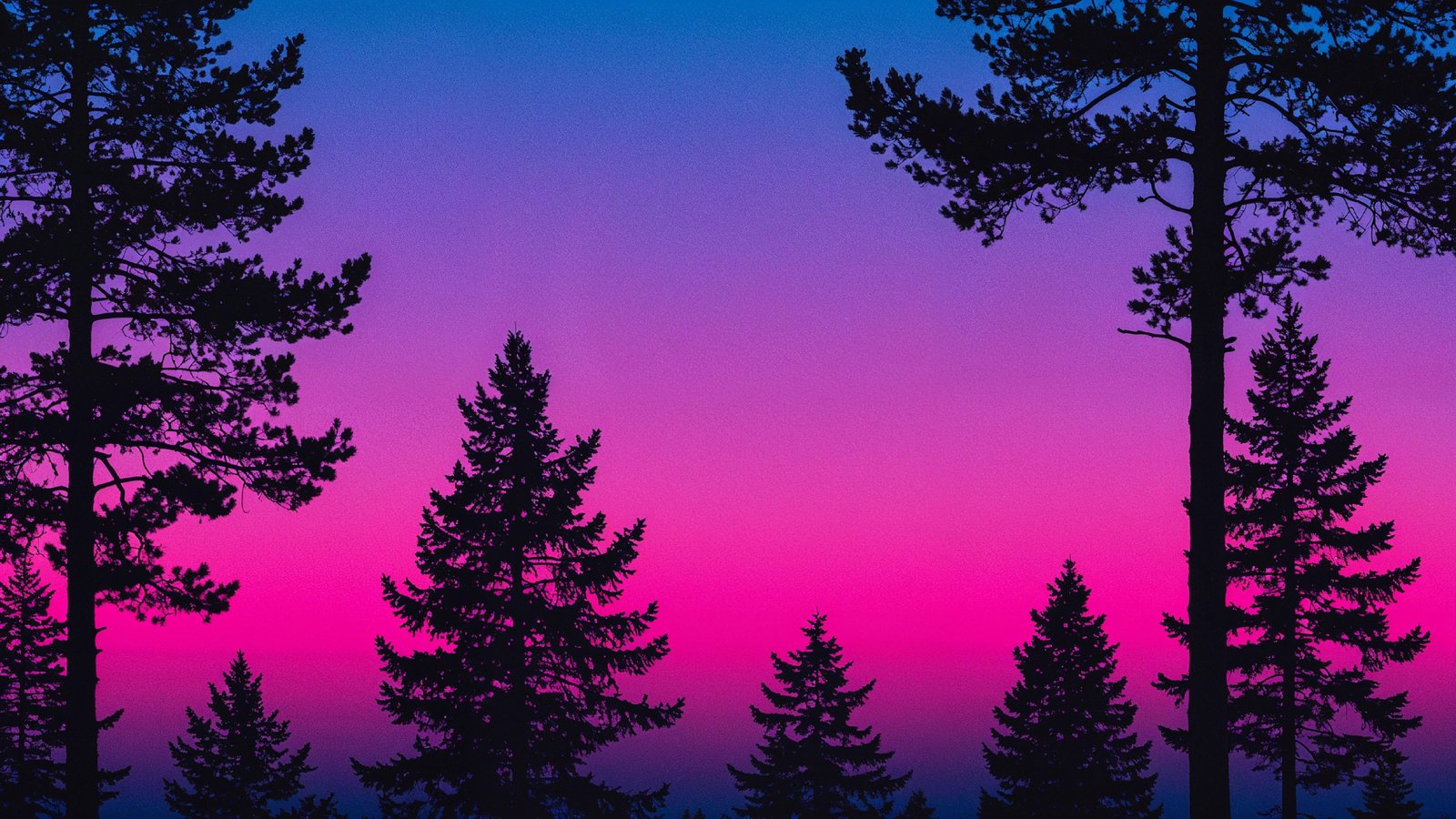 Neon Gradient Forest Silhouette Landscape with Retro Aesthetic Sunset Background