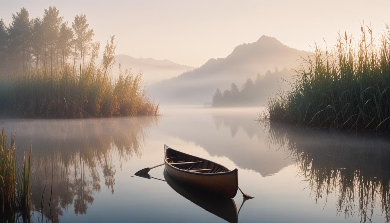 Peaceful Wooden Boat on Tranquil River Landscape with Scenic Nature Background