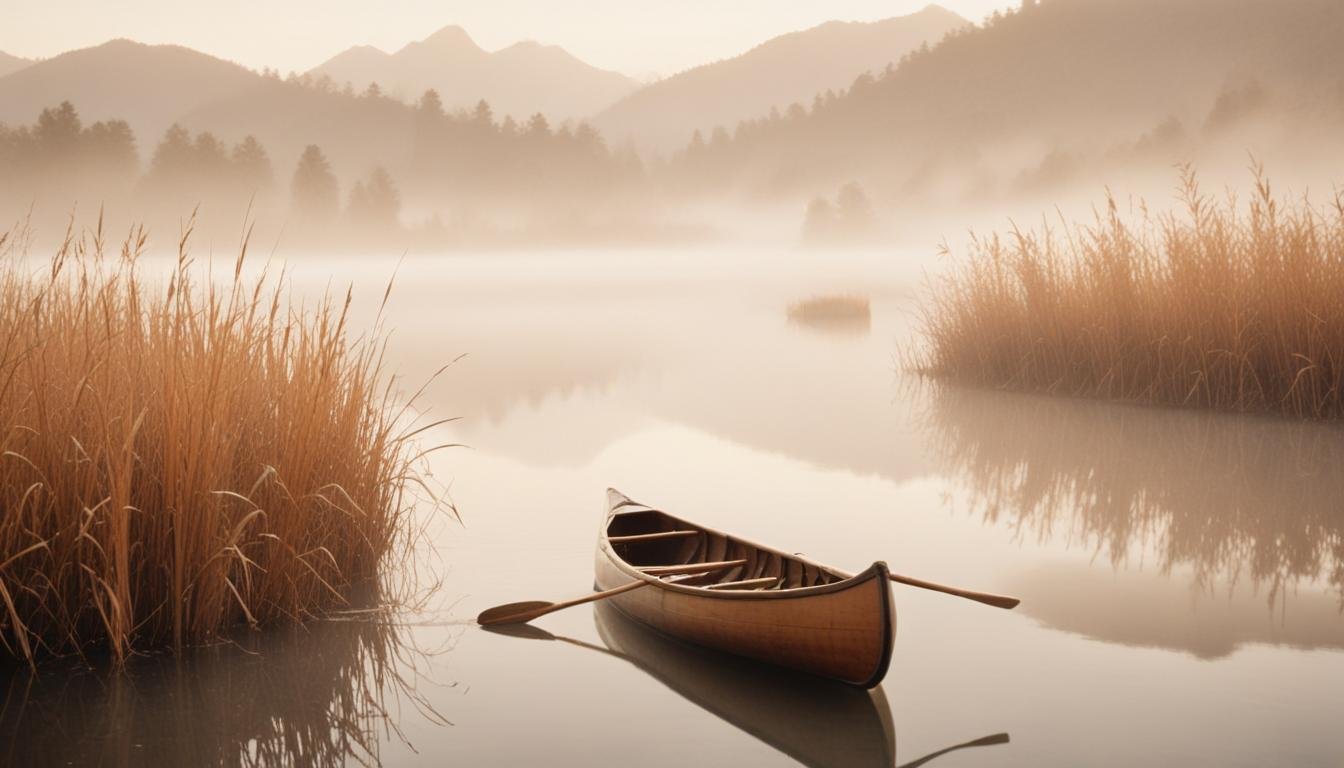 Peaceful Wooden Boat on Tranquil River Landscape with Scenic Nature Background
