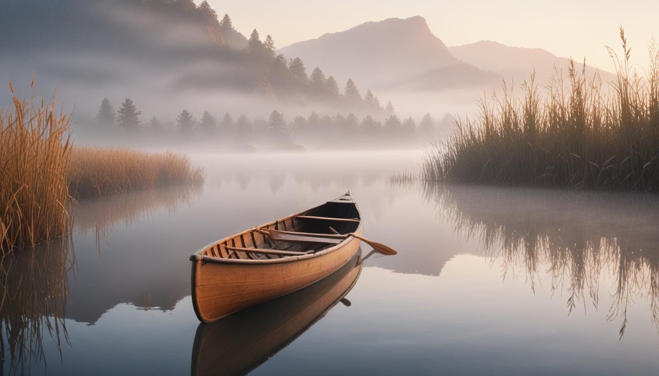 Peaceful Wooden Boat on Tranquil River Landscape with Scenic Nature Background