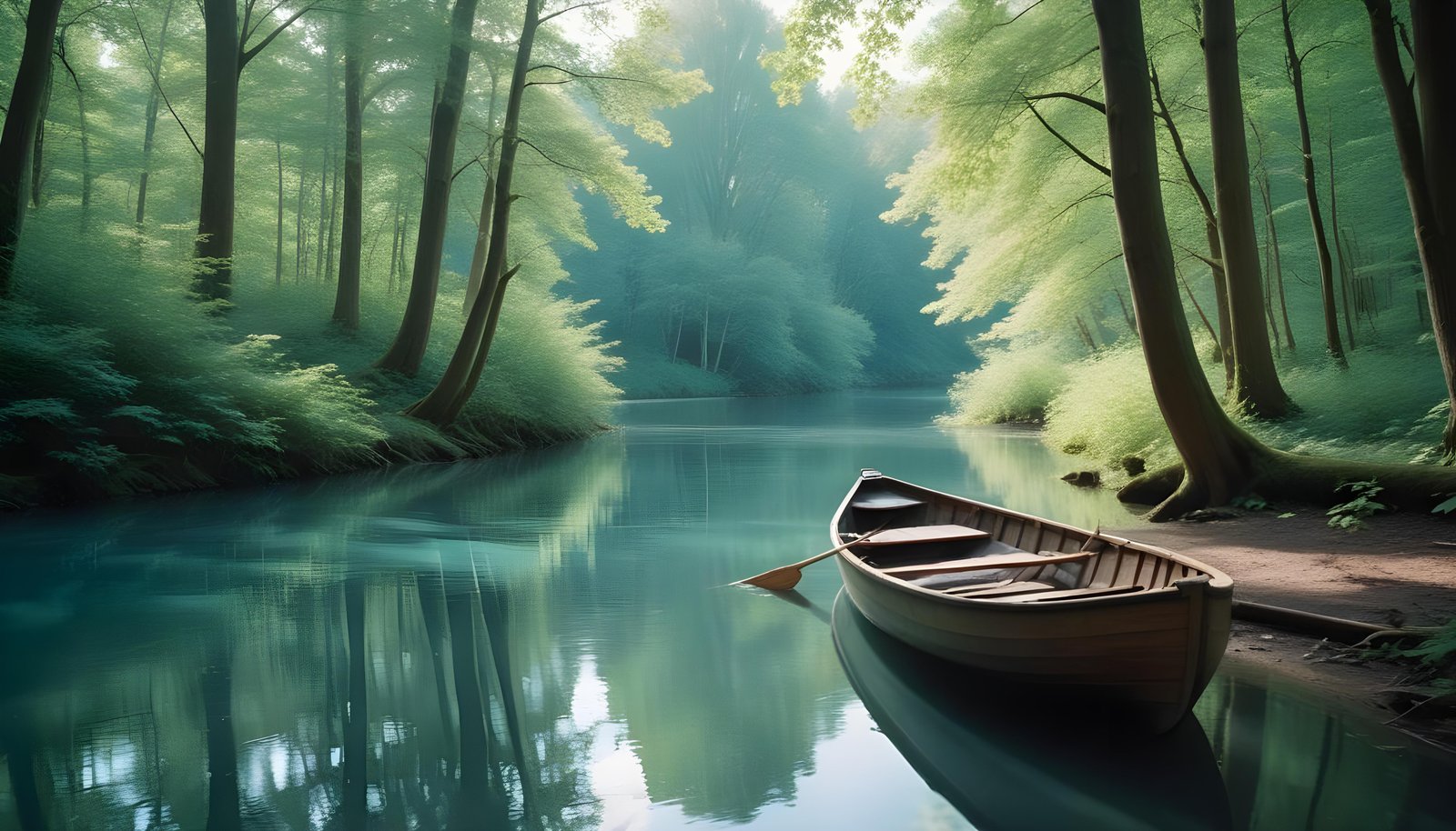 Peaceful Wooden Boat on Tranquil River Landscape with Scenic Nature Background