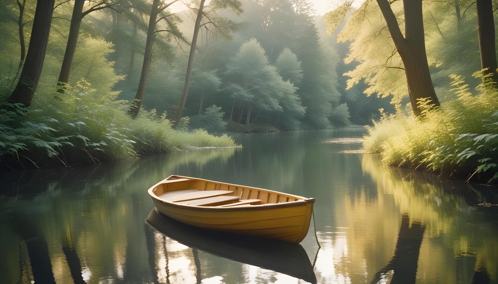 Peaceful Wooden Boat on Tranquil River Landscape with Scenic Nature Background