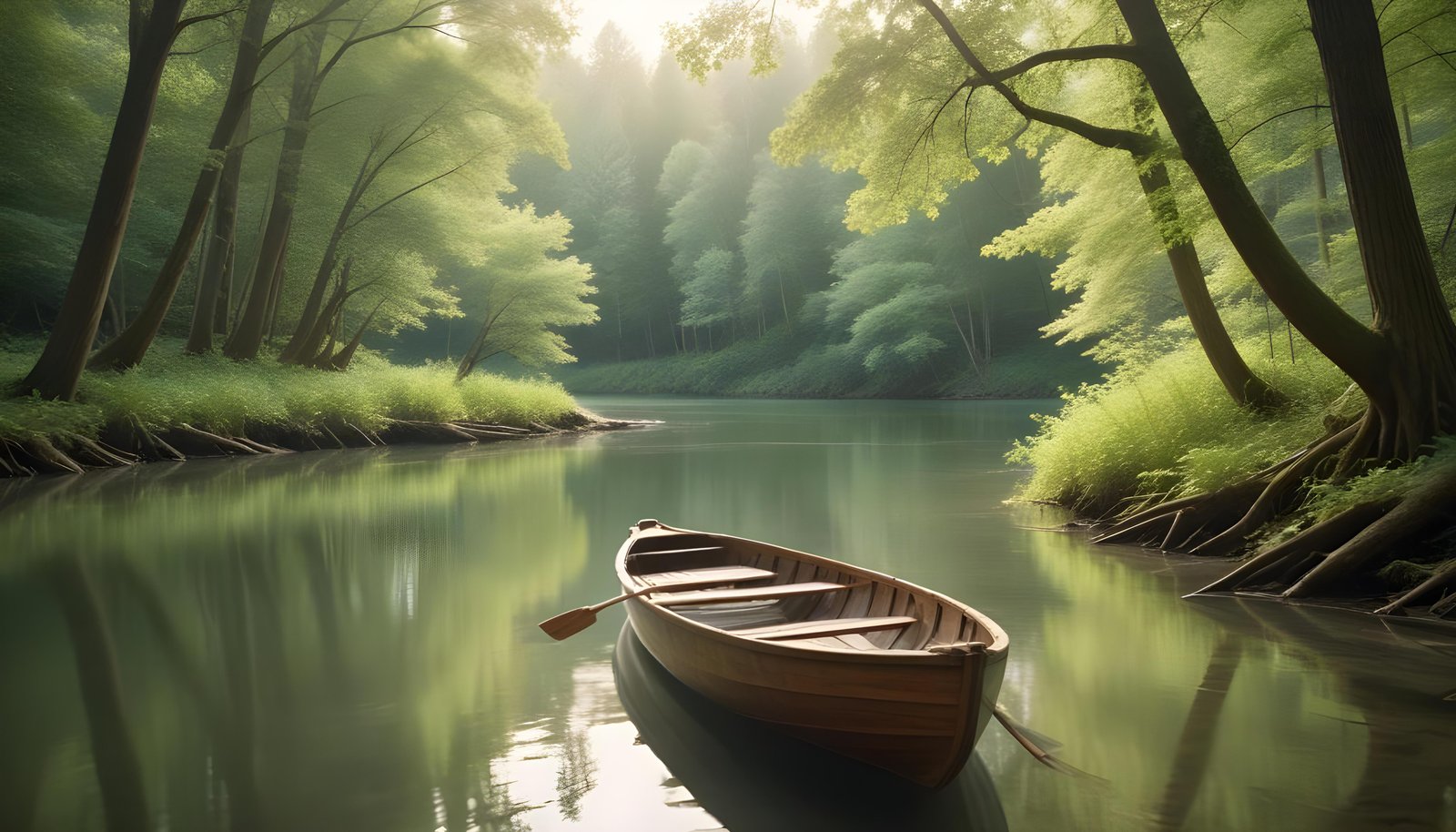 Peaceful Wooden Boat on Tranquil River Landscape with Scenic Nature Background
