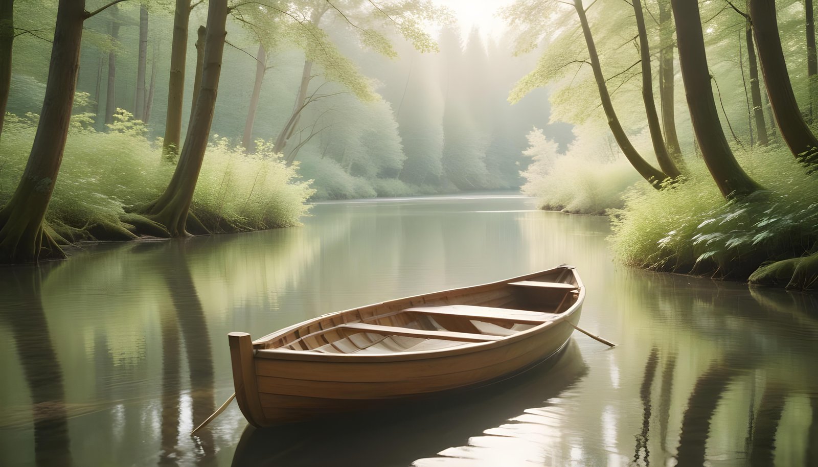 Peaceful Wooden Boat on Tranquil River Landscape with Scenic Nature Background