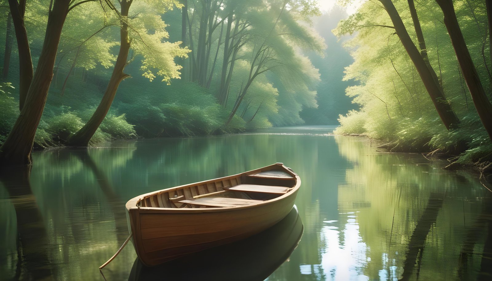 Peaceful Wooden Boat on Tranquil River Landscape with Scenic Nature Background