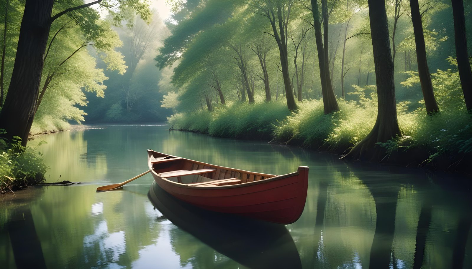 Peaceful Wooden Boat on Tranquil River Landscape with Scenic Nature Background
