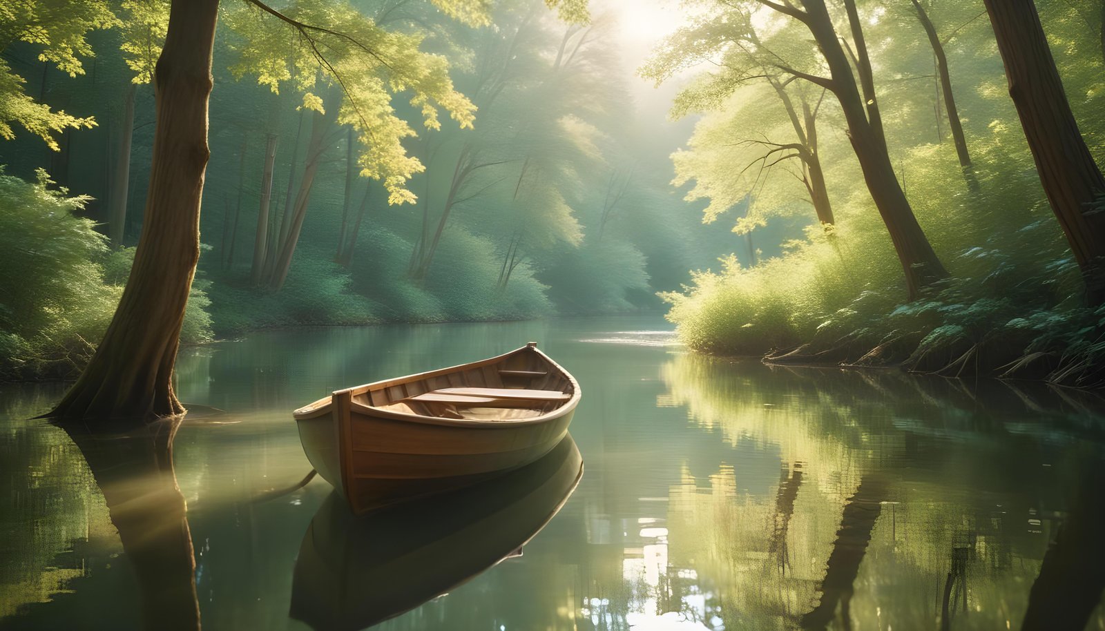 Peaceful Wooden Boat on Tranquil River Landscape with Scenic Nature Background