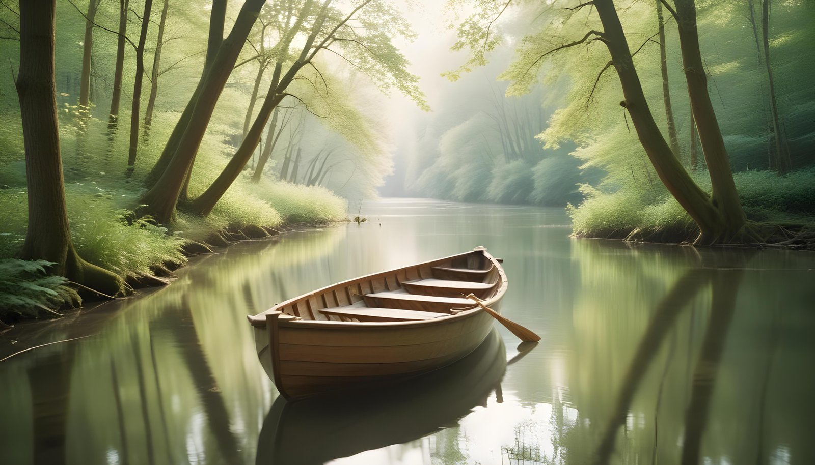 Peaceful Wooden Boat on Tranquil River Landscape with Scenic Nature Background