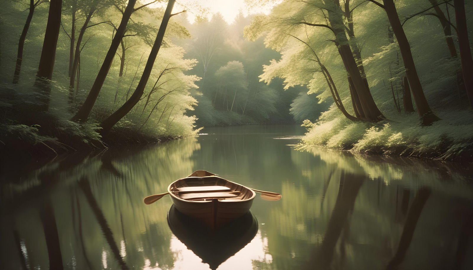 Peaceful Wooden Boat on Tranquil River Landscape with Scenic Nature Background