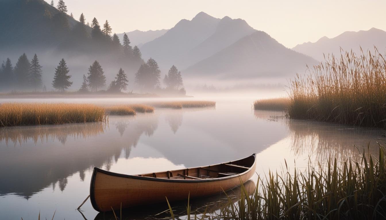 Peaceful Wooden Boat on Tranquil River Landscape with Scenic Nature Background