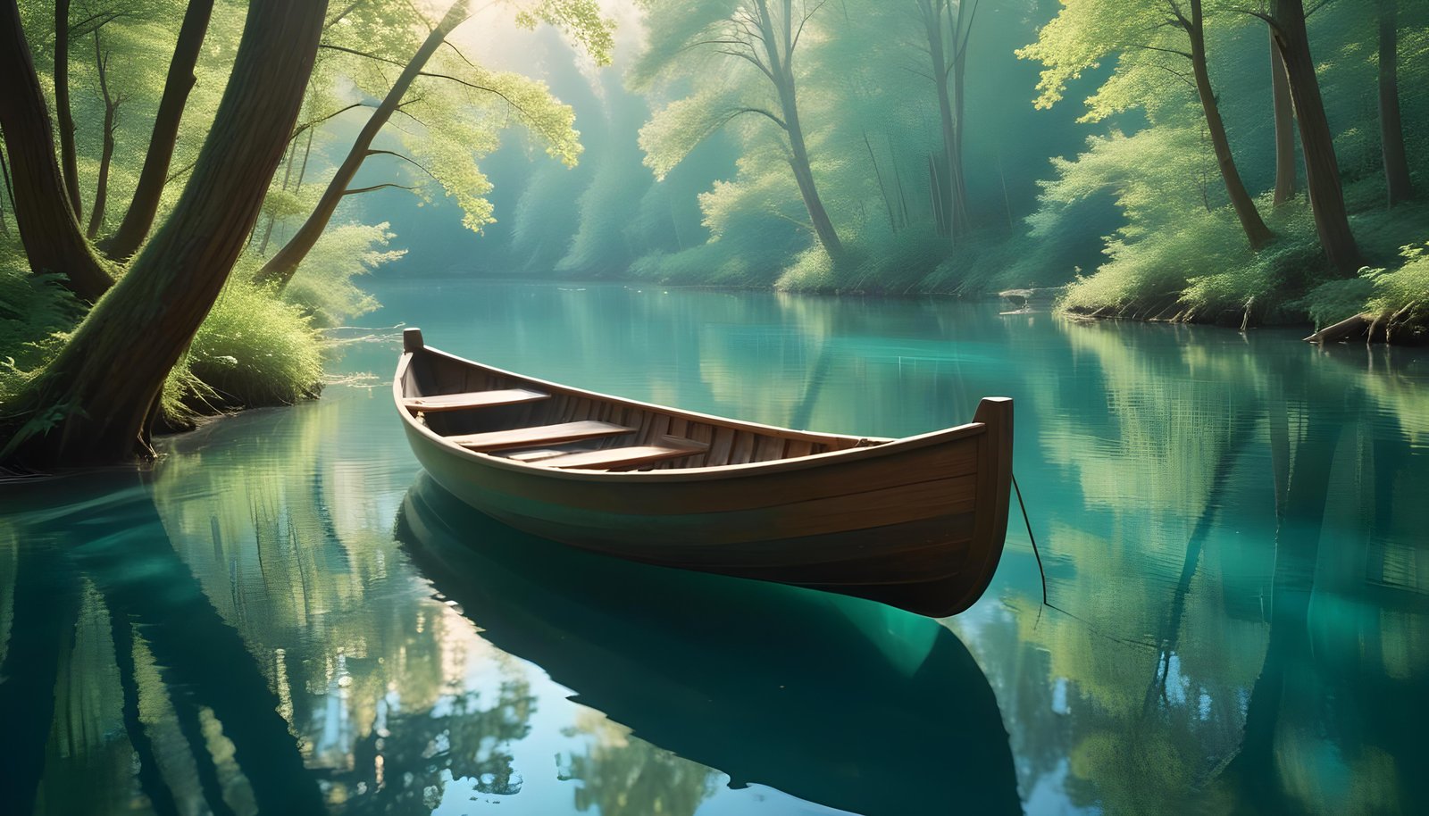 Peaceful Wooden Boat on Tranquil River Landscape with Scenic Nature Background