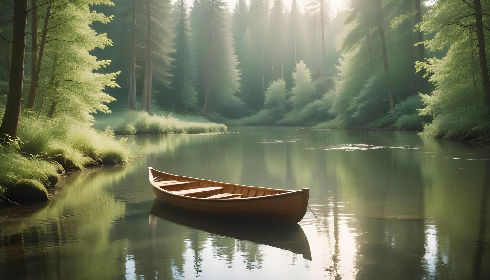 Peaceful Wooden Boat on Tranquil River Landscape with Scenic Nature Background