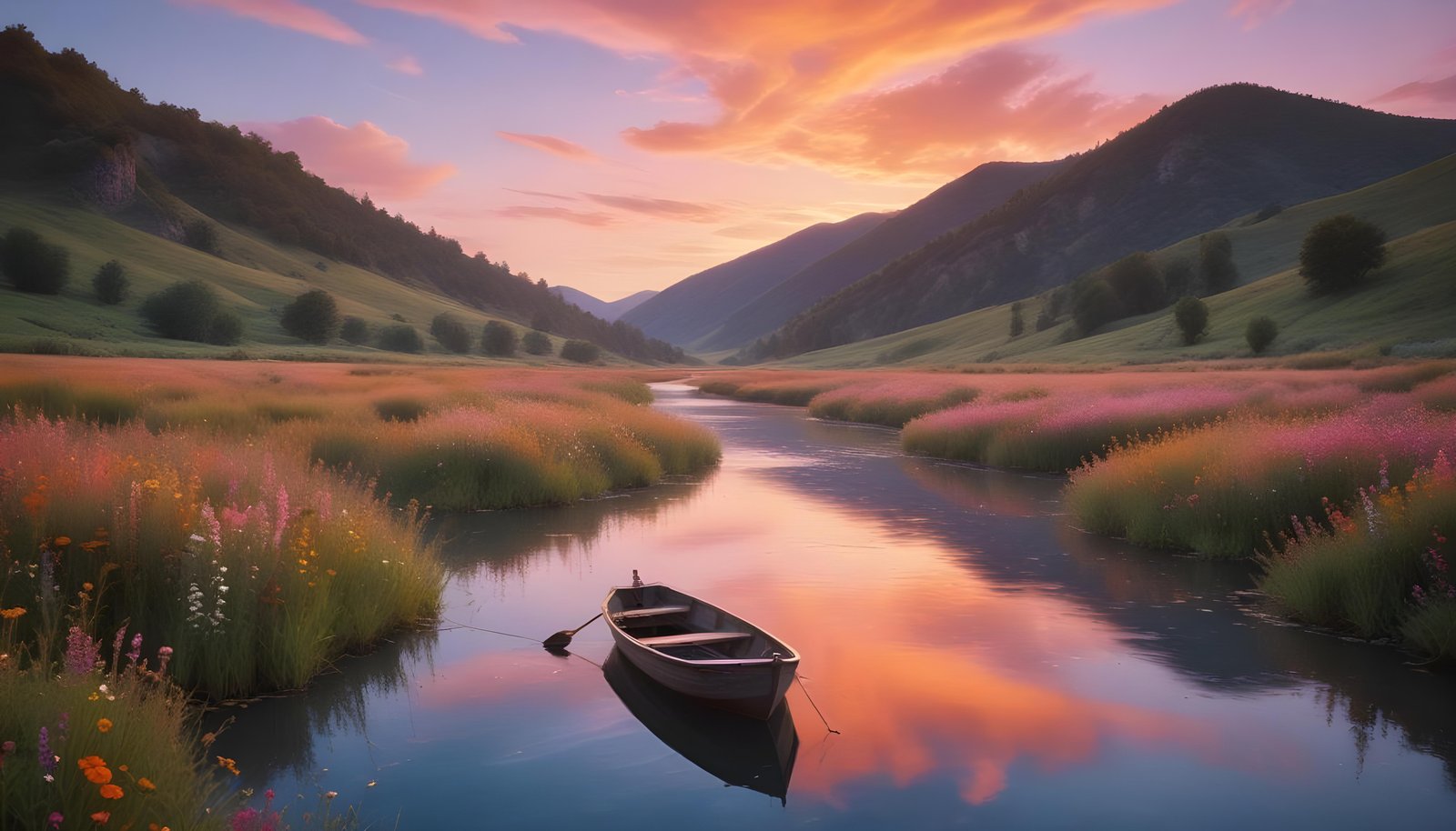 Peaceful Wooden Boat on Tranquil River Landscape with Scenic Nature Background