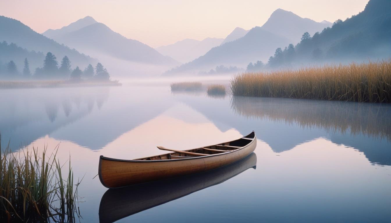 Peaceful Wooden Boat on Tranquil River Landscape with Scenic Nature Background