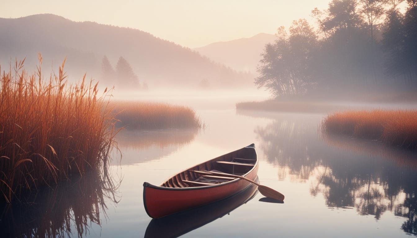 Peaceful Wooden Boat on Tranquil River Landscape with Scenic Nature Background