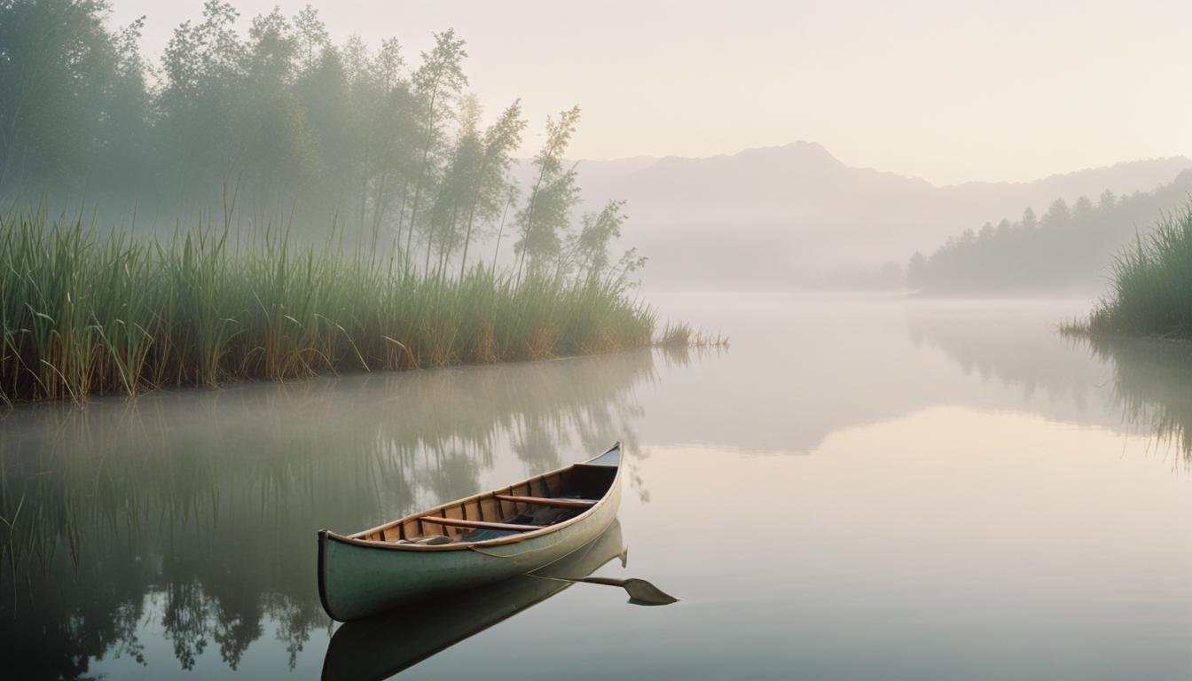 Peaceful Wooden Boat on Tranquil River Landscape with Scenic Nature Background