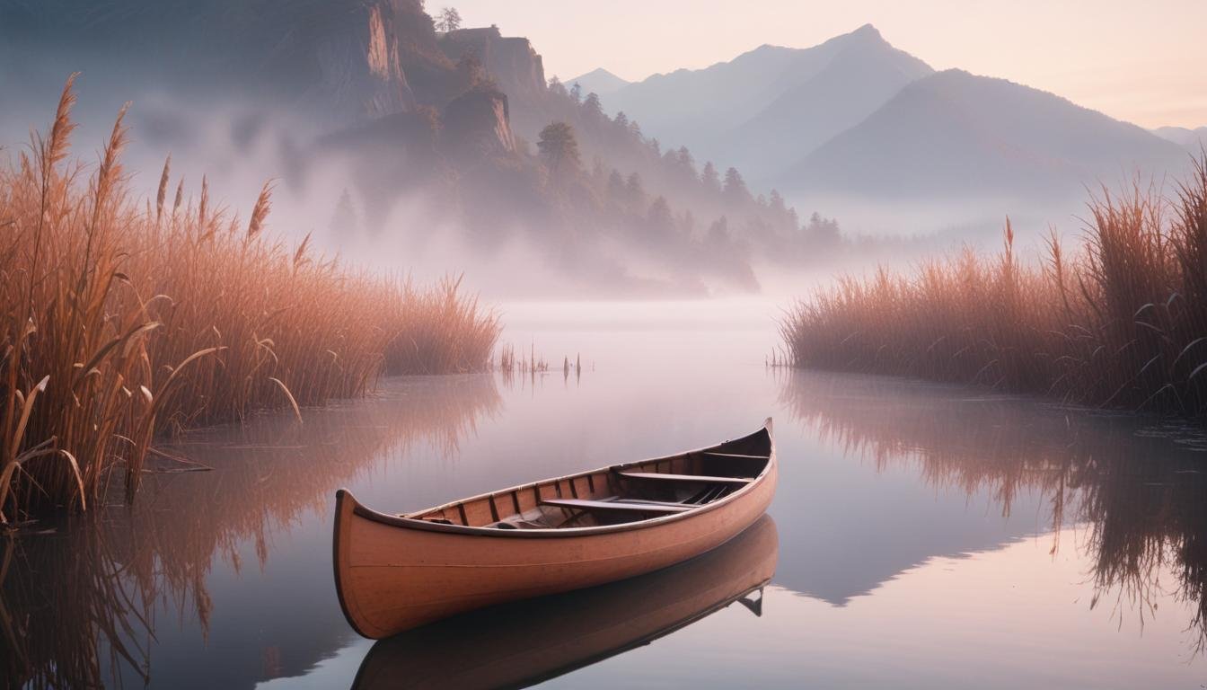 Peaceful Wooden Boat on Tranquil River Landscape with Scenic Nature Background
