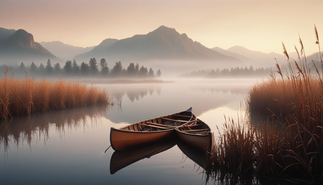 Peaceful Wooden Boat on Tranquil River Landscape with Scenic Nature Background