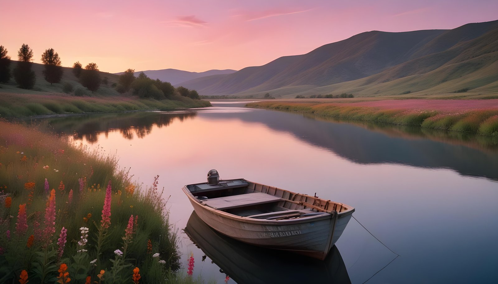 Peaceful Wooden Boat on Tranquil River Landscape with Scenic Nature Background