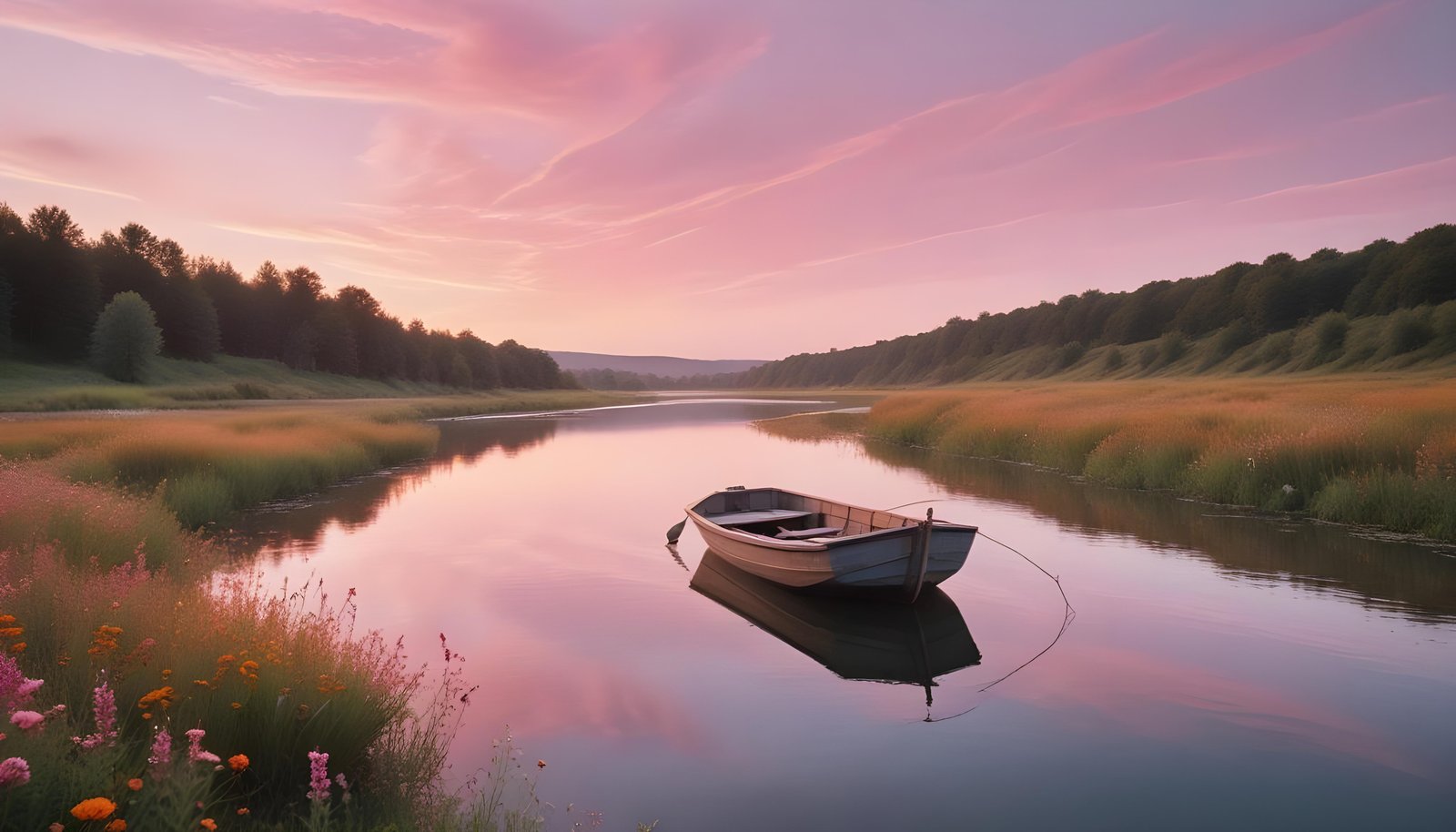 Peaceful Wooden Boat on Tranquil River Landscape with Scenic Nature Background