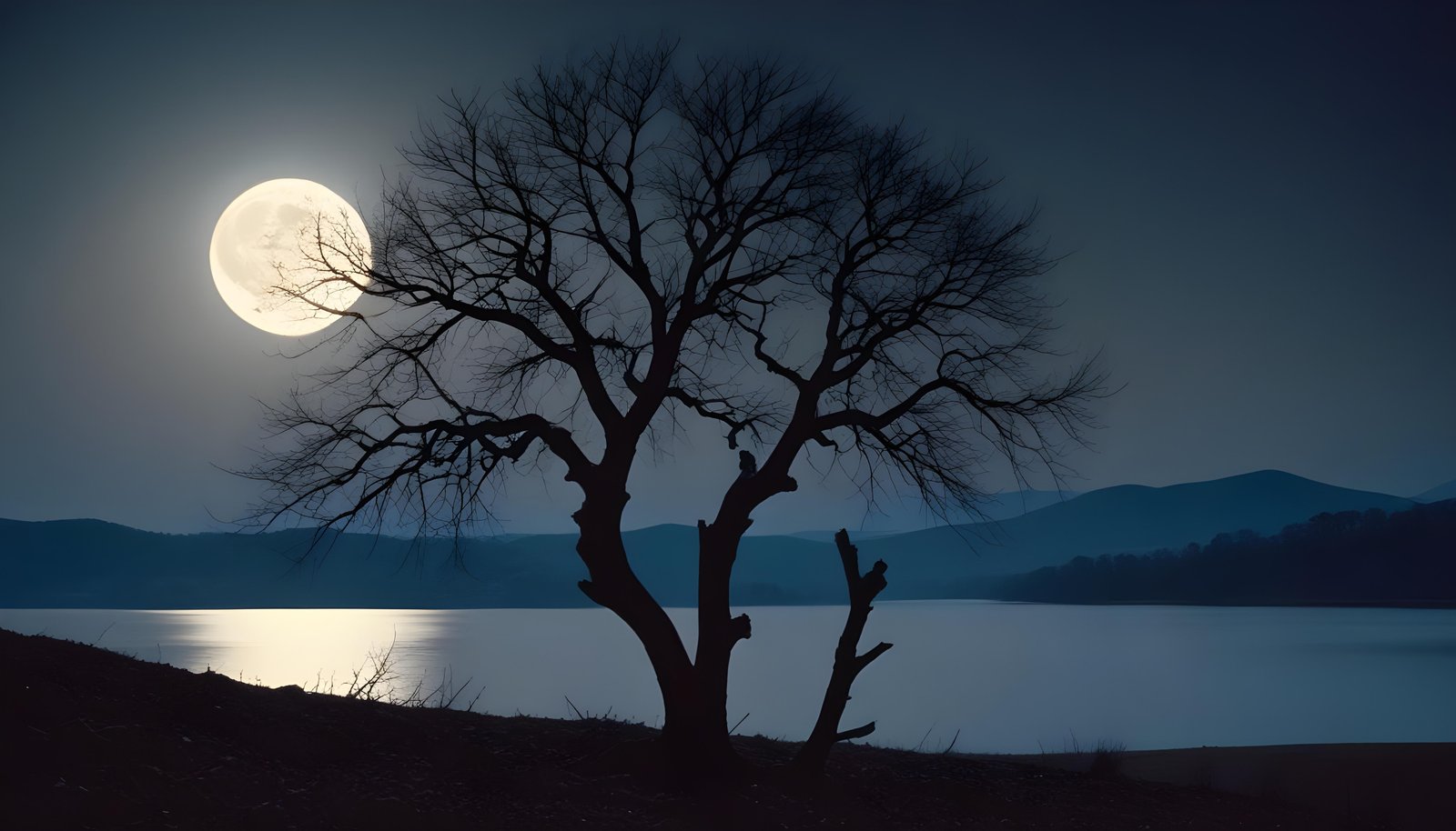 Solitary Leafless Tree Under Full Moon in Mystical Night Landscape