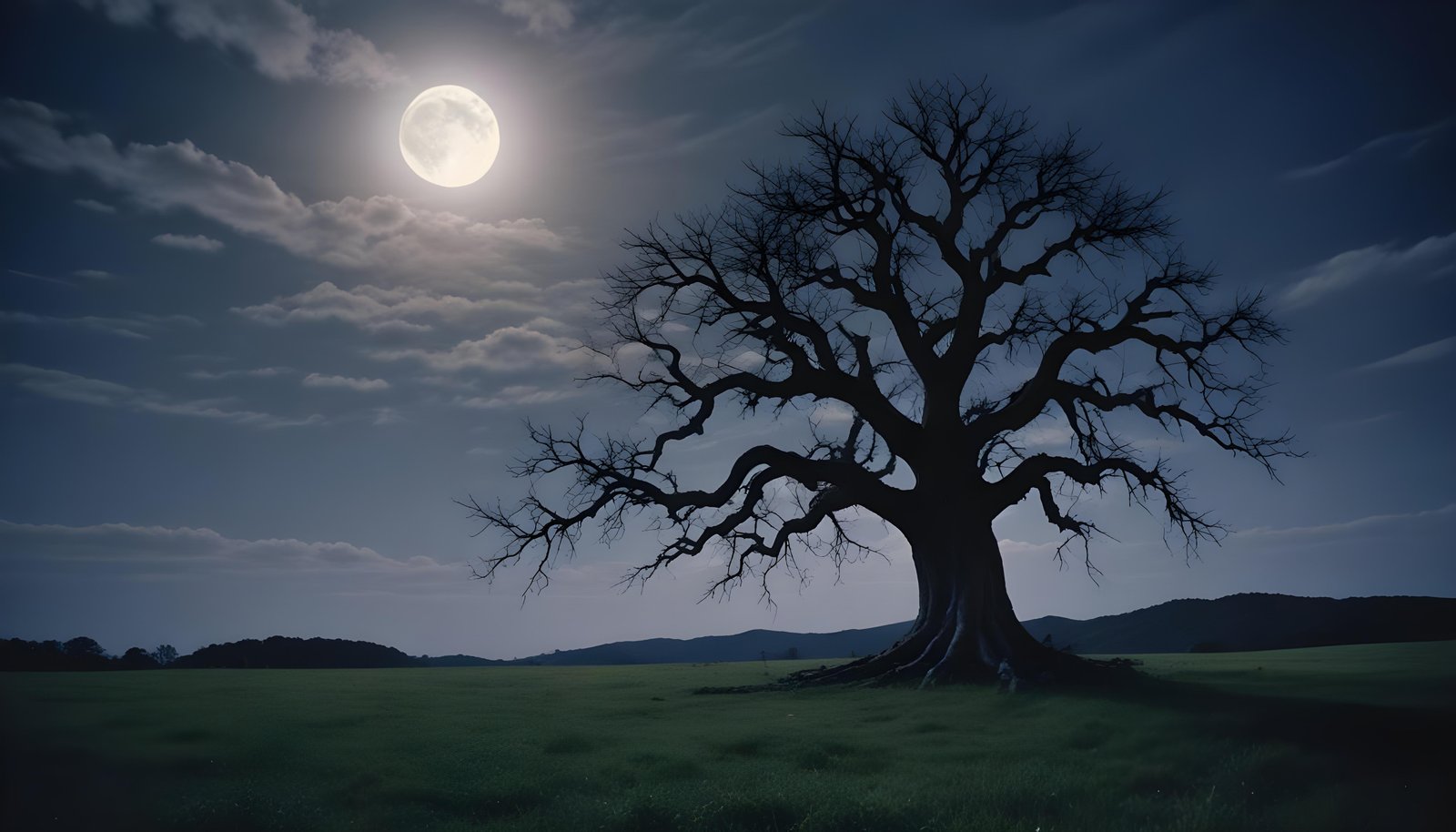 Solitary Leafless Tree Under Full Moon in Mystical Night Landscape