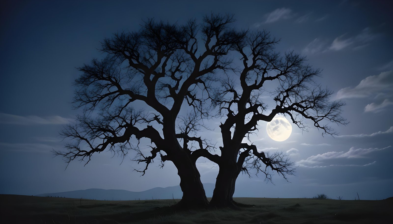 Solitary Leafless Tree Under Full Moon in Mystical Night Landscape