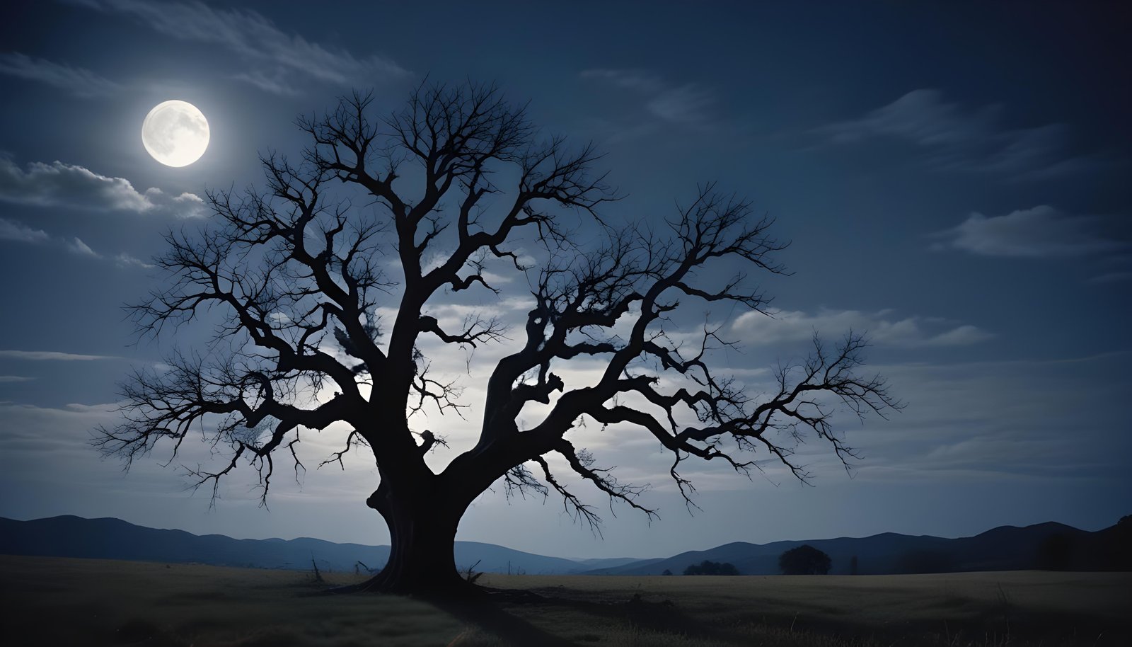 Solitary Leafless Tree Under Full Moon in Mystical Night Landscape