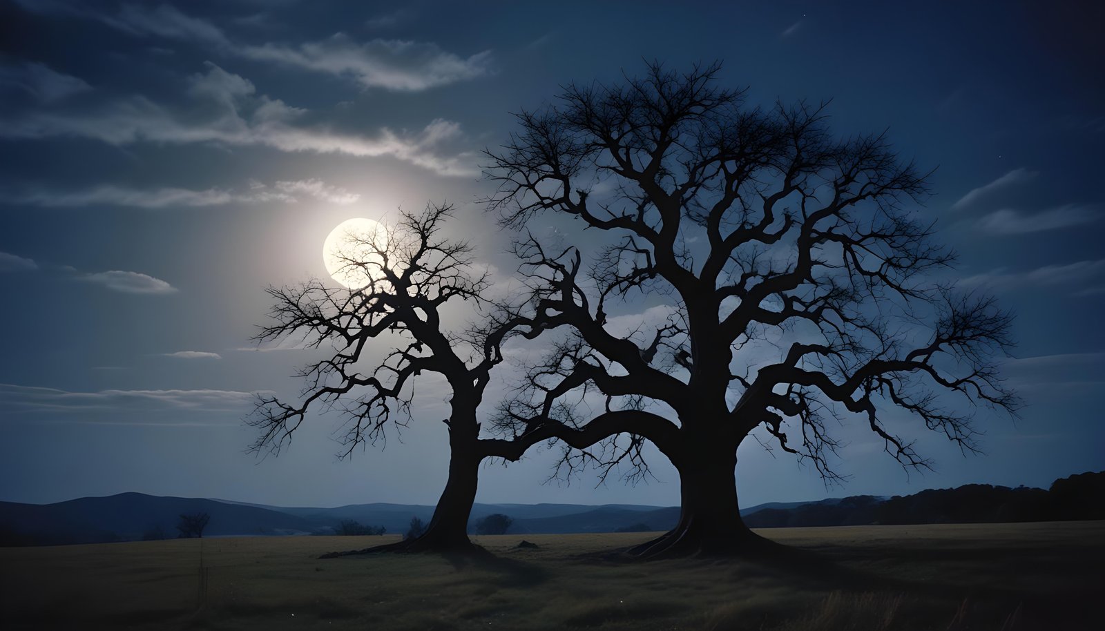Solitary Leafless Tree Under Full Moon in Mystical Night Landscape