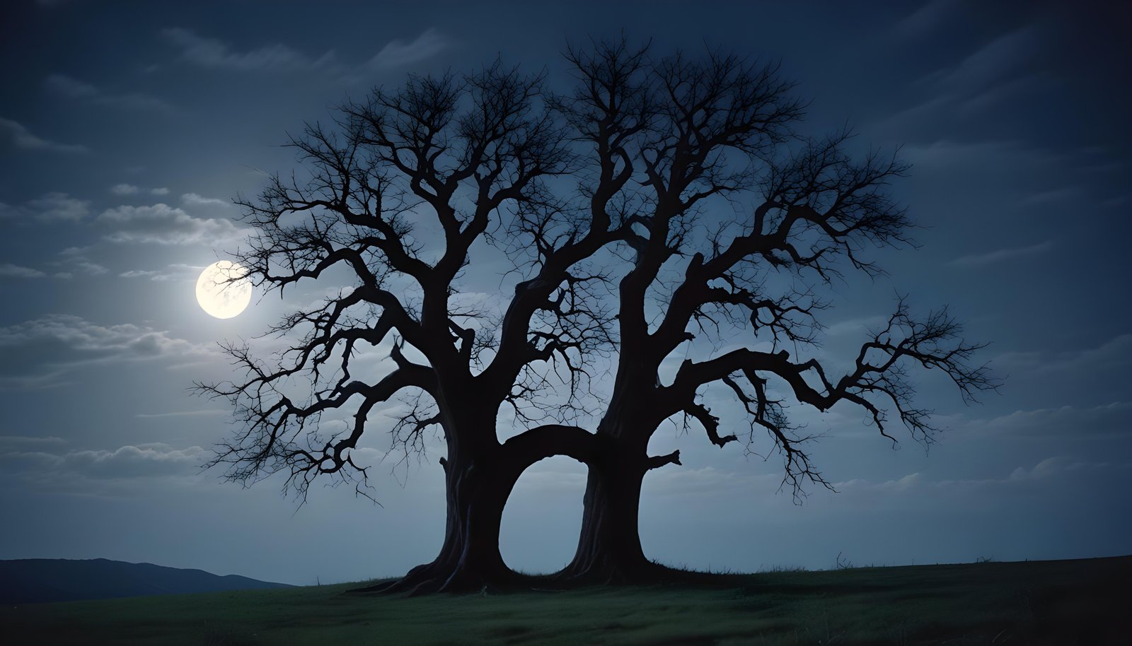 Solitary Leafless Tree Under Full Moon in Mystical Night Landscape