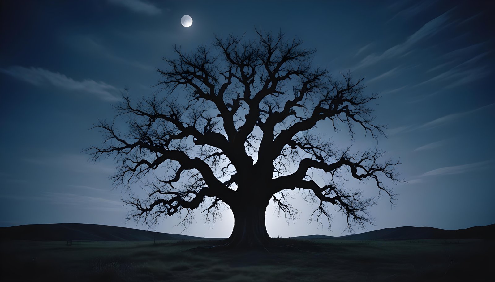 Solitary Leafless Tree Under Full Moon in Mystical Night Landscape