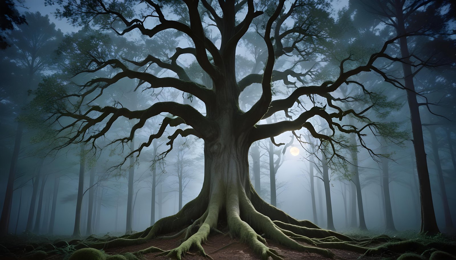 Solitary Leafless Tree Under Full Moon in Mystical Night Landscape