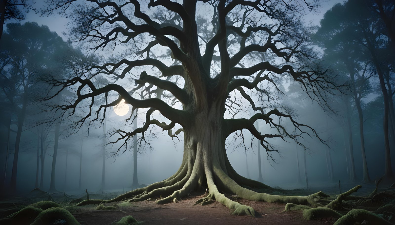 Solitary Leafless Tree Under Full Moon in Mystical Night Landscape