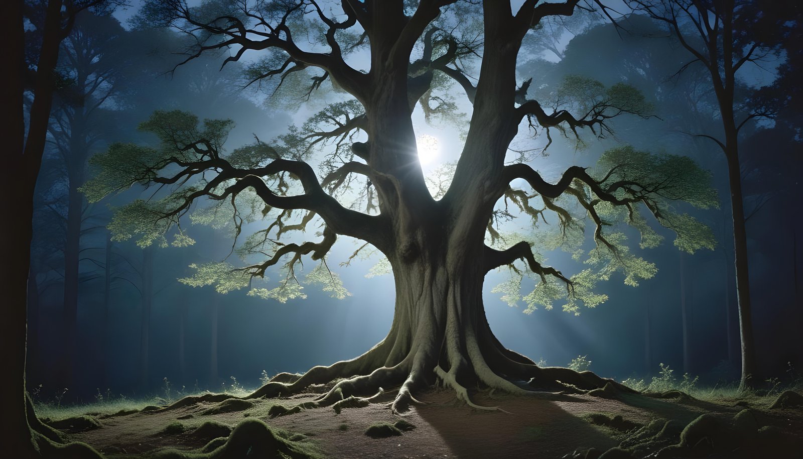 Solitary Leafless Tree Under Full Moon in Mystical Night Landscape