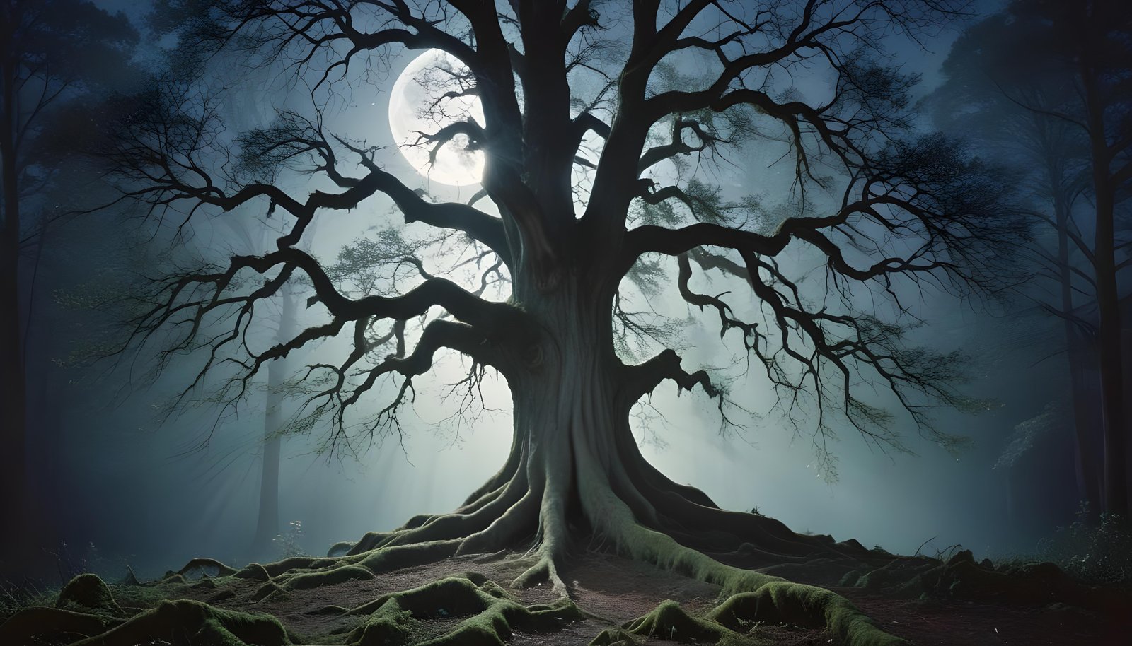 Solitary Leafless Tree Under Full Moon in Mystical Night Landscape