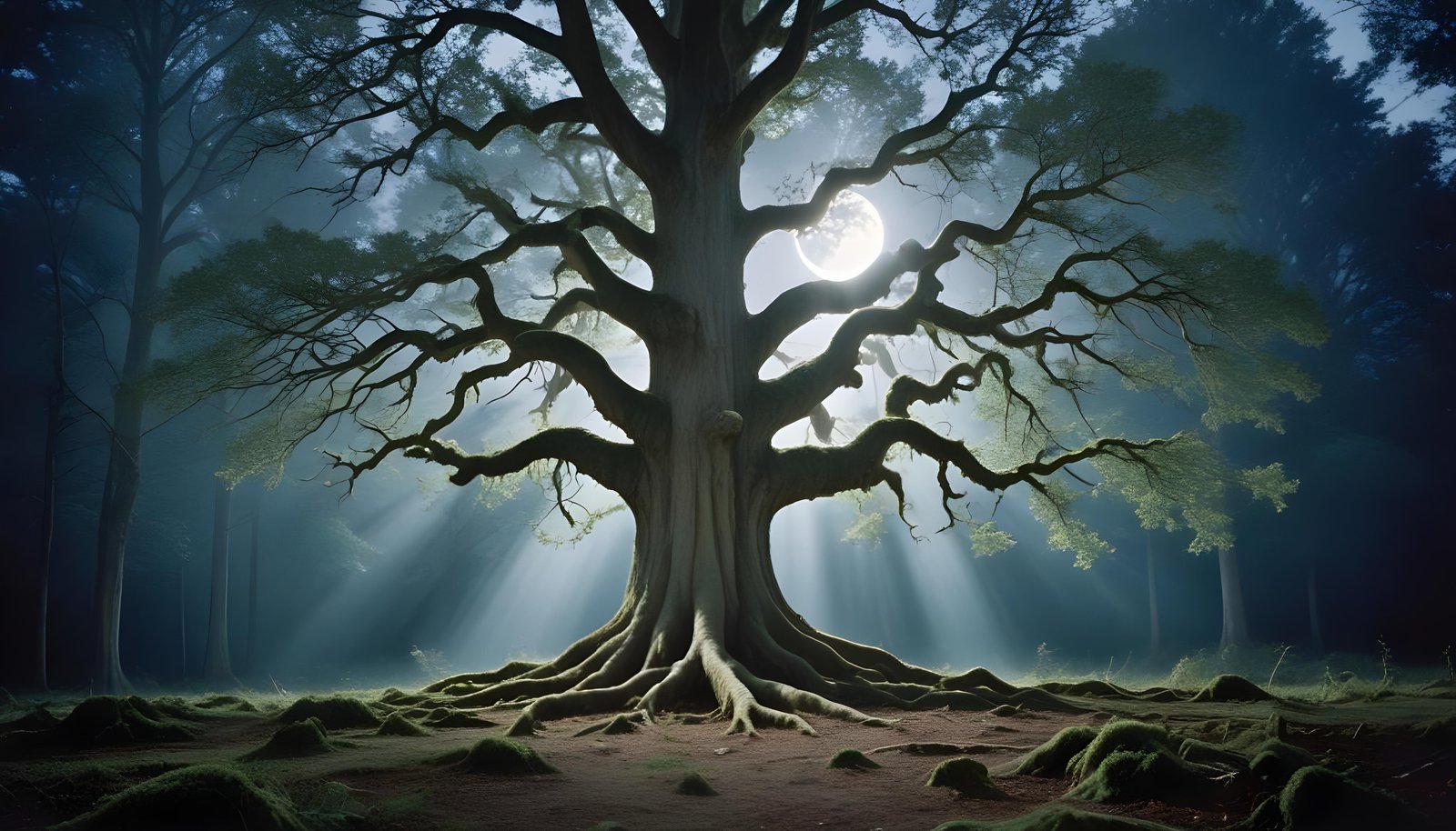 Solitary Leafless Tree Under Full Moon in Mystical Night Landscape