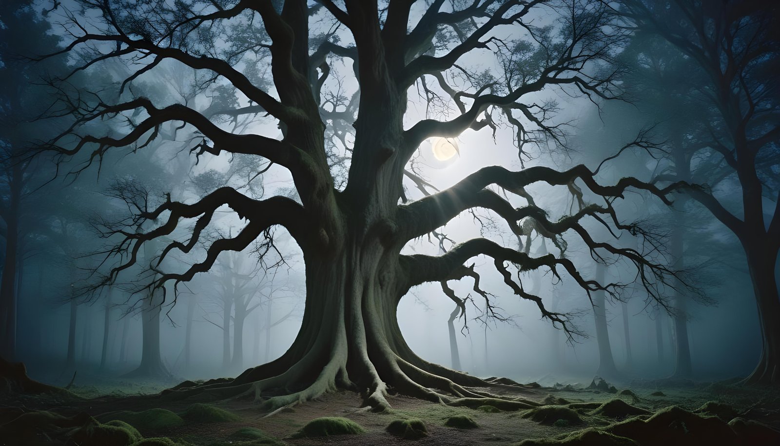 Solitary Leafless Tree Under Full Moon in Mystical Night Landscape